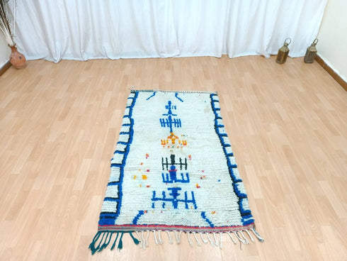 White and Blue Handmade Moroccan Berber Rug - Vintage Boho